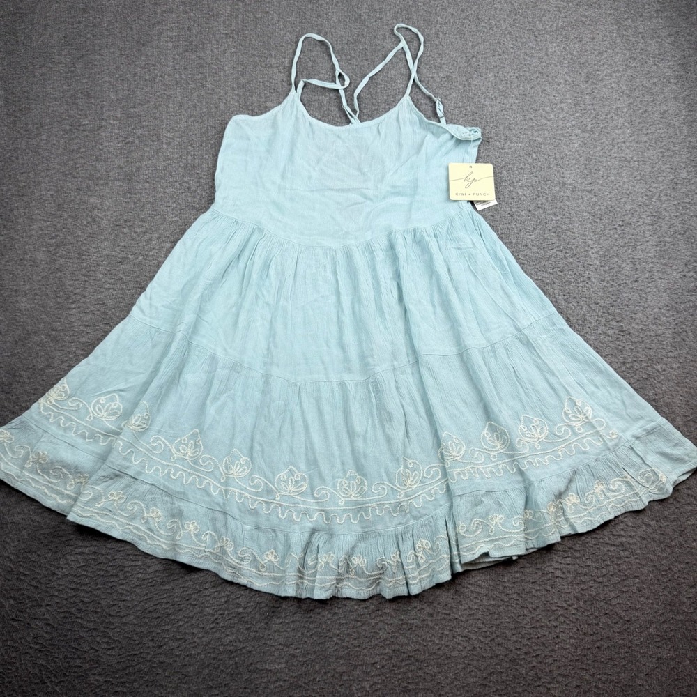 Kiwi + Punch Mini Dress Women's XS Blue‎ Embroidered Tiered Rayon Boho Summer